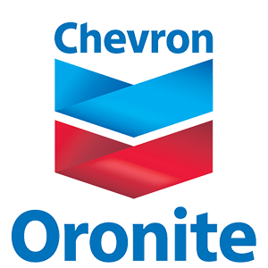 Logo for Chevron Oronite, with light blue and red chevron-shaped ribbons between the two words.
