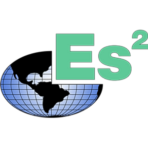 Logo for ES2, with the brand name set into a blue-and-black depiction of the planet Earth.