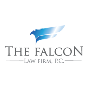 Logo for The Falcon Law Firm, P.C., with a stylized falcon's wing in a blue-and-white gradient.