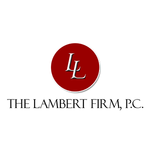 Logo for The Lambert Firm, P.C., with two silver interlocking L's on a red medallion shape.