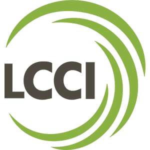 Logo for LCCI, with a stylized green spiral circle on the right side of the brand name.