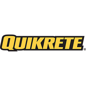 Logo for Quikrete, bold yellow letters with a black border.