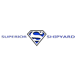 Logo for Superior Shipyard, with a blue-and-white superhero-like "S" symbol in the middle.