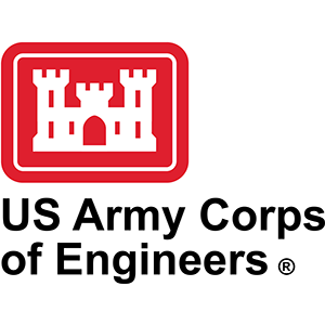 Logo for the US Army Corps of Engineers, a white castle on a red background with a white rounded border.