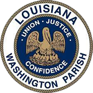Logo for Louisiana Washington Parish. It depicts a gold pelican on a blue background, with the words "Union, Justice, Confidence" surrounding it.
